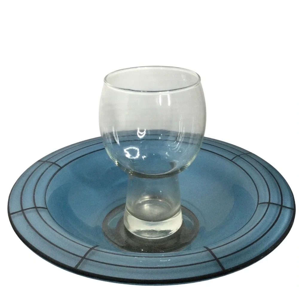 Vintage Blue Glass Decorative Bowl with Silver Insert and Grid Design mid centur